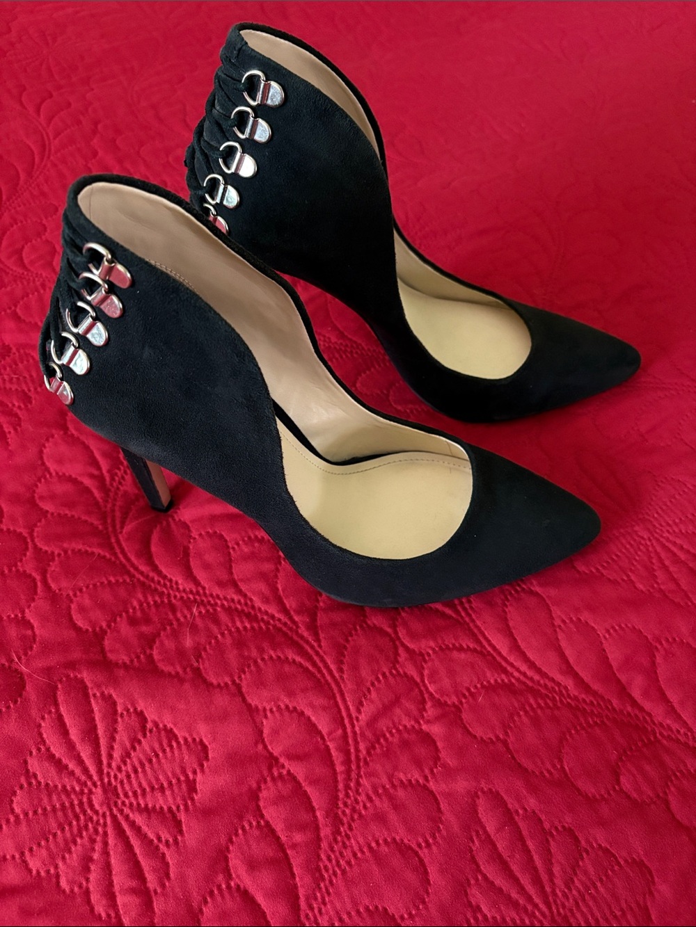 BCBGeneration Black Suede Pointed Toe Stiletto Pumps with Back D-Ring Accents
